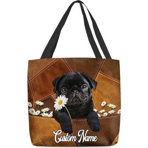 NAZENTI Personalized Dog Tote Bag-Custom Dog Holding Daisy All Women Tote Bag- Gift for Women, Mother, Grandma, Dog Lover(Black Pug)