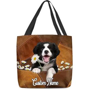 NAZENTI Personalized Dog Tote Bag-Custom Dog Holding Daisy All Women Tote Bag- Gift for Women, Mother, Grandma, Dog Lover(Border Collies)