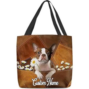 NAZENTI Personalized Dog Tote Bag-Custom Dog Holding Daisy All Women Tote Bag- Gift for Women, Mother, Grandma, Dog Lover(Boston Terrier)