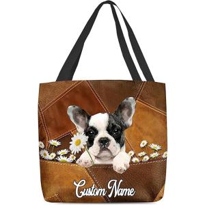 NAZENTI Personalized Dog Tote Bag-Custom Dog Holding Daisy All Women Tote Bag- Gift for Women, Mother, Grandma, Dog Lover(Boston Terrier1)