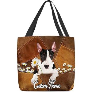 NAZENTI Personalized Dog Tote Bag-Custom Dog Holding Daisy All Women Tote Bag- Gift for Women, Mother, Grandma, Dog Lover(Bull Terrier)