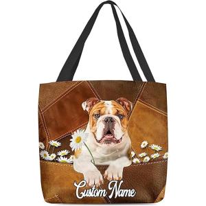 NAZENTI Personalized Dog Tote Bag-Custom Dog Holding Daisy All Women Tote Bag- Gift for Women, Mother, Grandma, Dog Lover(Bulldog)