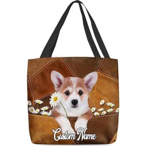 NAZENTI Personalized Dog Tote Bag-Custom Dog Holding Daisy All Women Tote Bag- Gift for Women, Mother, Grandma, Dog Lover(Corgi)