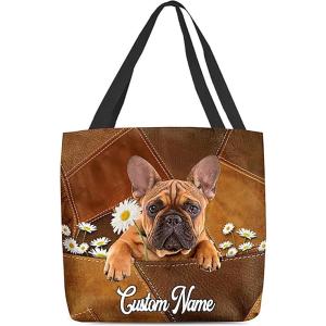 NAZENTI Personalized Dog Tote Bag-Custom Dog Holding Daisy All Women Tote Bag- Gift for Women, Mother, Grandma, Dog Lover(French Bulldog11)
