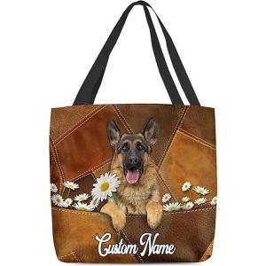 NAZENTI Personalized Dog Tote Bag-Custom Dog Holding Daisy All Women Tote Bag- Gift for Women, Mother, Grandma, Dog Lover(German Shepherd)