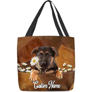 NAZENTI Personalized Dog Tote Bag-Custom Dog Holding Daisy All Women Tote Bag- Gift for Women, Mother, Grandma, Dog Lover(German Shepherd02)