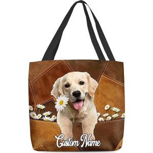 NAZENTI Personalized Dog Tote Bag-Custom Dog Holding Daisy All Women Tote Bag- Gift for Women, Mother, Grandma, Dog Lover(Golden Retriever)