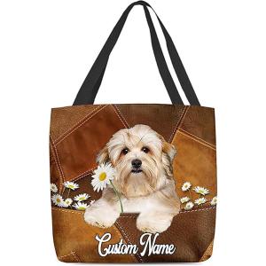 NAZENTI Personalized Dog Tote Bag-Custom Dog Holding Daisy All Women Tote Bag- Gift for Women, Mother, Grandma, Dog Lover(Havanese)