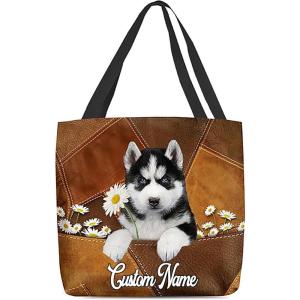 NAZENTI Personalized Dog Tote Bag-Custom Dog Holding Daisy All Women Tote Bag- Gift for Women, Mother, Grandma, Dog Lover(Husky)