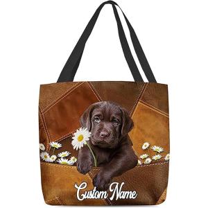 NAZENTI Personalized Dog Tote Bag-Custom Dog Holding Daisy All Women Tote Bag- Gift for Women, Mother, Grandma, Dog Lover(Labrador Retriever)