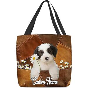 NAZENTI Personalized Dog Tote Bag-Custom Dog Holding Daisy All Women Tote Bag- Gift for Women, Mother, Grandma, Dog Lover(Old English Sheepdog)