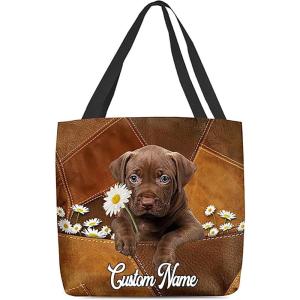 NAZENTI Personalized Dog Tote Bag-Custom Dog Holding Daisy All Women Tote Bag- Gift for Women, Mother, Grandma, Dog Lover(Pitbull)