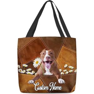 NAZENTI Personalized Dog Tote Bag-Custom Dog Holding Daisy All Women Tote Bag- Gift for Women, Mother, Grandma, Dog Lover(Pitbull02)