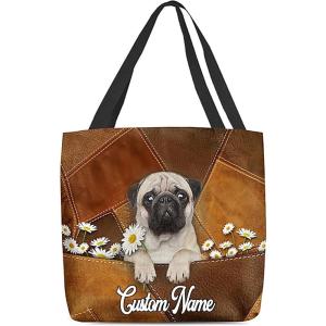 NAZENTI Personalized Dog Tote Bag-Custom Dog Holding Daisy All Women Tote Bag- Gift for Women, Mother, Grandma, Dog Lover(Pug)