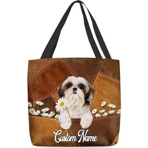 NAZENTI Personalized Dog Tote Bag-Custom Dog Holding Daisy All Women Tote Bag- Gift for Women, Mother, Grandma, Dog Lover(Shih Tzu)