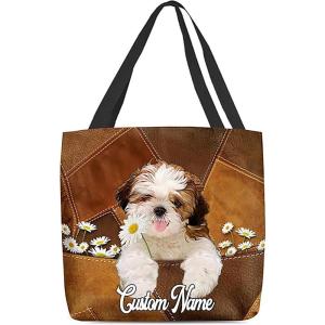 NAZENTI Personalized Dog Tote Bag-Custom Dog Holding Daisy All Women Tote Bag- Gift for Women, Mother, Grandma, Dog Lover(Shih Tzu02)