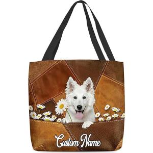 NAZENTI Personalized Dog Tote Bag-Custom Dog Holding Daisy All Women Tote Bag- Gift for Women, Mother, Grandma, Dog Lover(White German Shepherd)