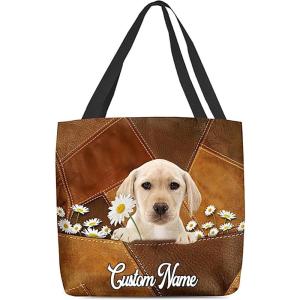 NAZENTI Personalized Dog Tote Bag-Custom Dog Holding Daisy All Women Tote Bag- Gift for Women, Mother, Grandma, Dog Lover(Yellow Labrador)
