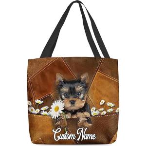 NAZENTI Personalized Dog Tote Bag-Custom Dog Holding Daisy All Women Tote Bag- Gift for Women, Mother, Grandma, Dog Lover(Yorkshire Terrier)