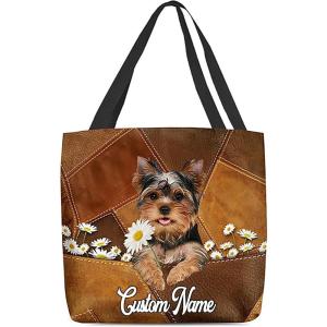NAZENTI Personalized Dog Tote Bag-Custom Dog Holding Daisy All Women Tote Bag- Gift for Women, Mother, Grandma, Dog Lover(Yorkshire Terrier02)