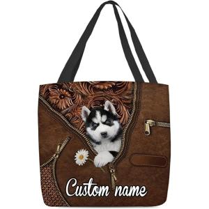 NAZENTI Personalized Dog Tote Bag- Husky 2 Holding Daisy Tote Bag All Over Printed- Women Tote Bag – Customized Dog Mom Name- Custom Dog Gift for Mother, Dog Lover