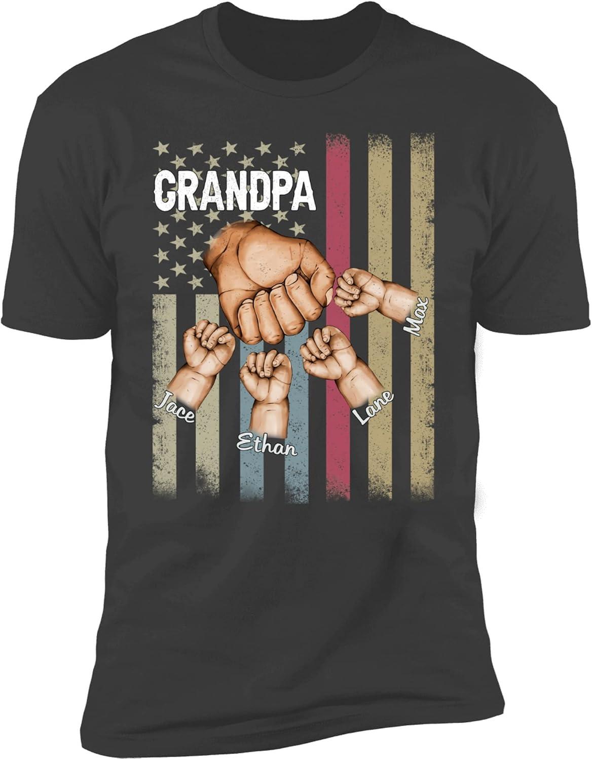 imageNAZENTI Personalize American Flag Shirt for Grandpa Custom Fist Bump Grandpa Shirt with Name Customize Number Childs Hand Shirt Grandpa Shirt for Men Cute Funny Shirt for Dad Fathers Days S4XL