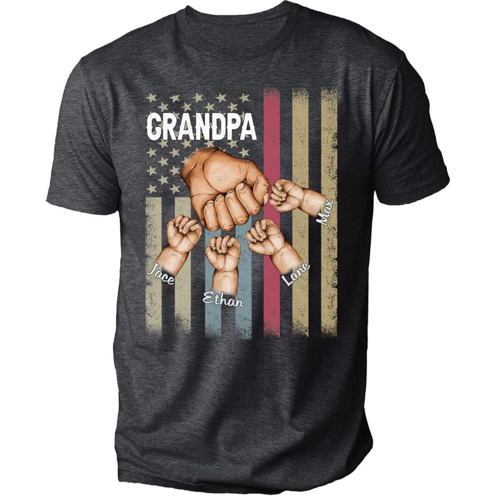 imageNAZENTI Personalize American Flag Shirt for Grandpa Custom Fist Bump Grandpa Shirt with Name Customize Number Childs Hand Shirt Grandpa Shirt for Men Cute Funny Shirt for Dad Fathers Days S4XL