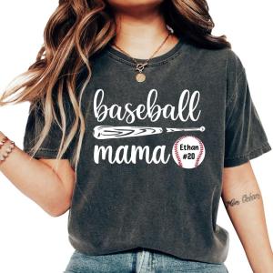 NAZENTI Personalized Baseball Mom Shirt, Custom Baseball Mom with Kid Name Number Shirts, Baseball Mom Gift, Baseball Lovers(# Baseball Mama 2)