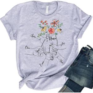 Personalized Nana Floral Shirt – Custom Kids Names Shirt for Mommy, Mothers Day Shirt, Kids Hold Grandma Hand Flower T-Shirt, Cute Birthday Gifts, Mom Christmas Shirt for Women, Full Size S-4XL