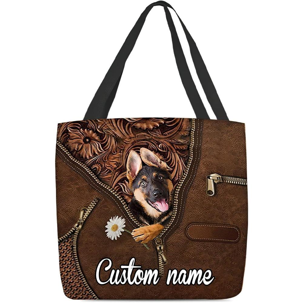 imageNAZENTI Personalized Dog Tote Bag German Shepherd 4 Holding Daisy Tote Bag All Over Printed Women Tote Bag  Customized Dog Mom Name Custom Dog Gift for Mother Dog Lover