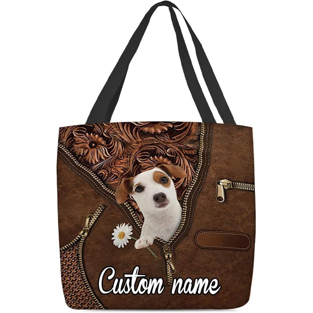 imageNAZENTI Personalized Dog Tote Bag Jack Russell Terrier 2 Holding Daisy Tote Bag All Over Printed Women Tote Bag  Customized Dog Mom Name Custom Dog Gift for Mother Dog Lover