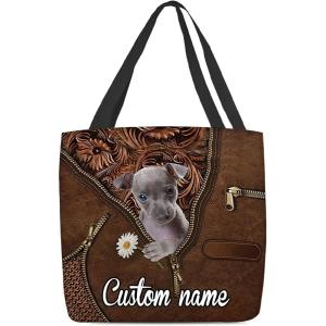 NAZENTI Personalized Dog Tote Bag- Italian Greyhound Holding Daisy Tote Bag All Over Printed- Women Tote Bag – Customized Dog Mom Name- Custom Dog Gift for Mother, Dog Lover