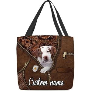 NAZENTI Personalized Dog Tote Bag- Pitbull 3 Holding Daisy Tote Bag All Over Printed- Women Tote Bag – Customized Dog Mom Name- Custom Dog Gift for Mother, Dog Lover