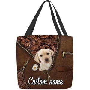 NAZENTI Personalized Dog Tote Bag- Yellow Labrador Holding Daisy Tote Bag All Over Printed- Women Tote Bag – Customized Dog Mom Name- Custom Dog Gift for Mother, Dog Lover
