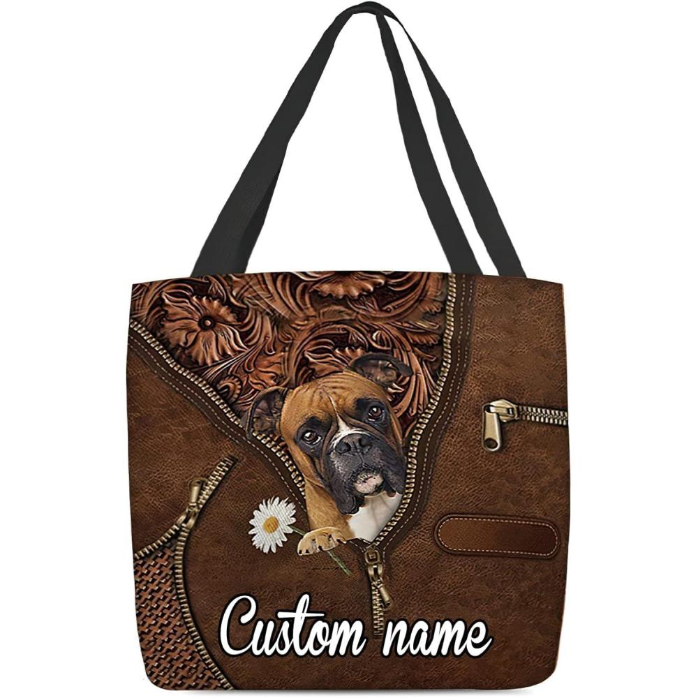 imageNAZENTI Personalized Dog Tote Bag Boxer Holding Daisy Tote Bag All Over Printed Women Tote Bag  Customized Dog Mom Name Custom Dog Gift for Mother Dog Lover