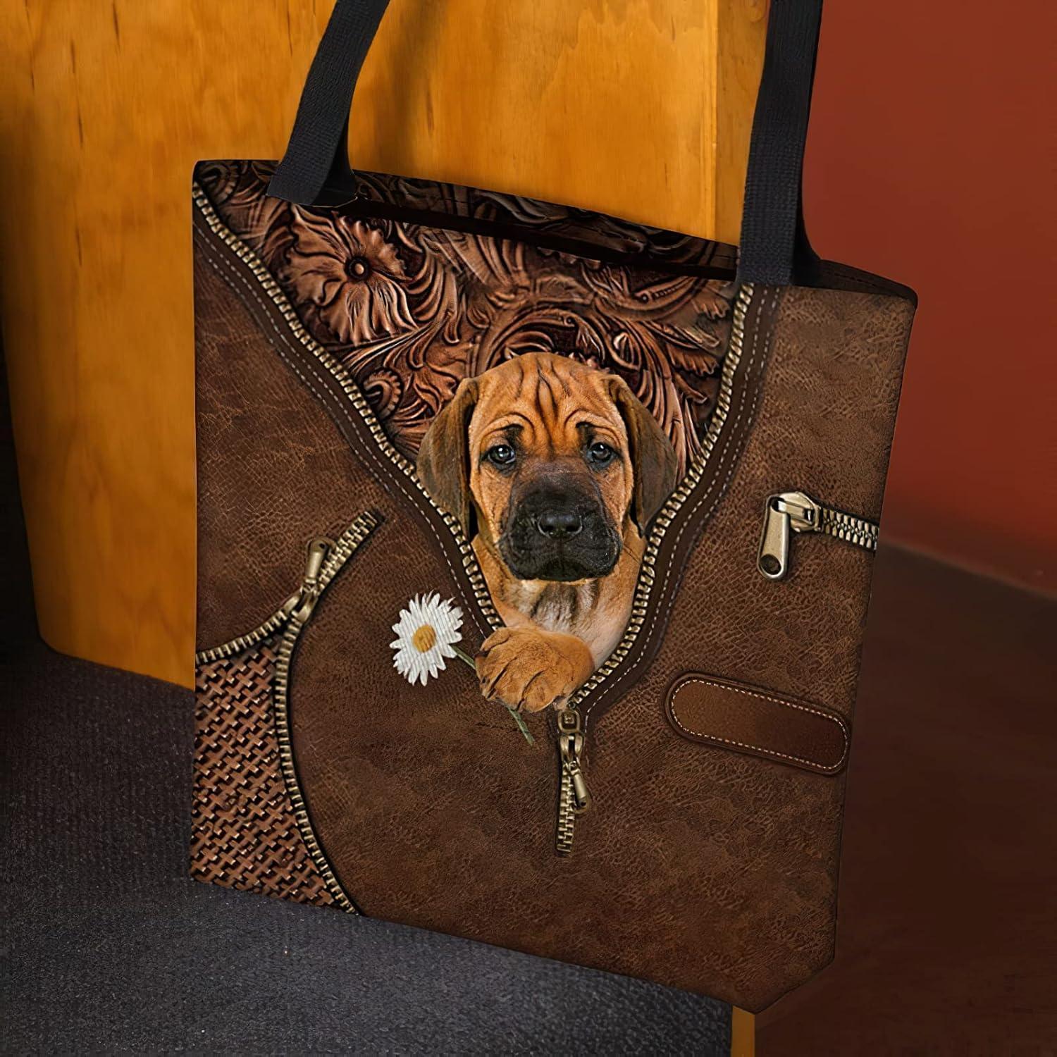 imageNAZENTI Personalized Dog Tote Bag Rhodesian Ridgeback Holding Daisy Tote Bag All Over Printed Women Tote Bag Customized Dog Mom Name Custom Dog Gift for Mother Dog Lover