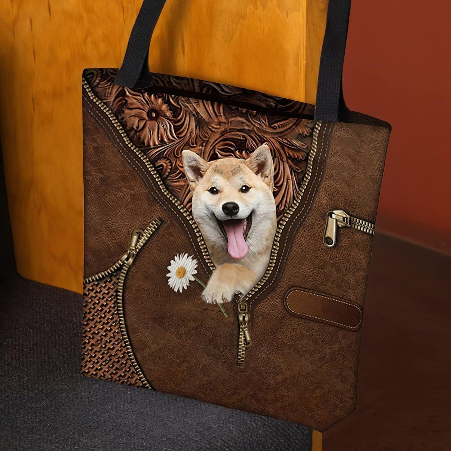 imageNAZENTI Personalized Dog Tote Bag Shiba Inu 2 Holding Daisy Tote Bag All Over Printed Women Tote Bag Customized Dog Mom Name Custom Dog Gift for Mother Dog Lover