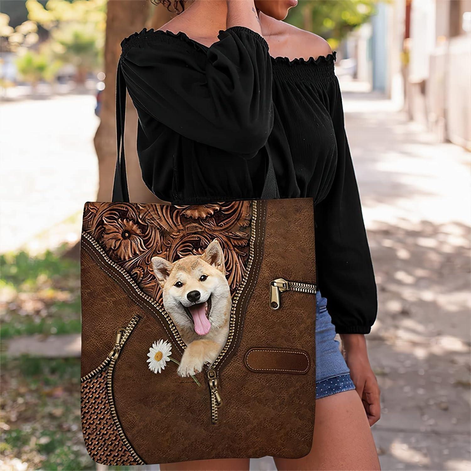 imageNAZENTI Personalized Dog Tote Bag Shiba Inu 2 Holding Daisy Tote Bag All Over Printed Women Tote Bag Customized Dog Mom Name Custom Dog Gift for Mother Dog Lover