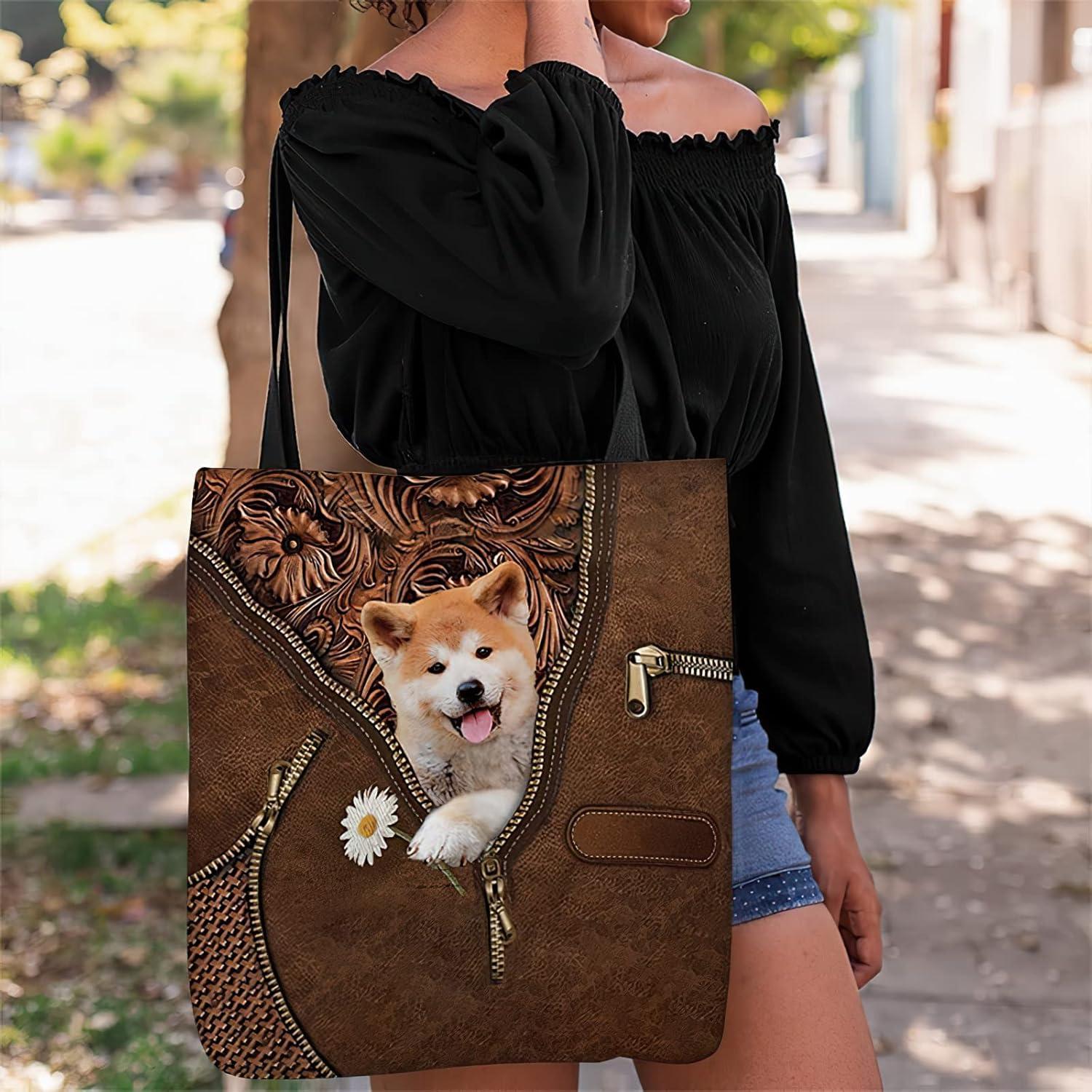 imageNAZENTI Personalized Dog Tote Bag Shiba Inu Holding Daisy Tote Bag All Over Printed Women Tote Bag Customized Dog Mom Name Custom Dog Gift for Mother Dog Lover