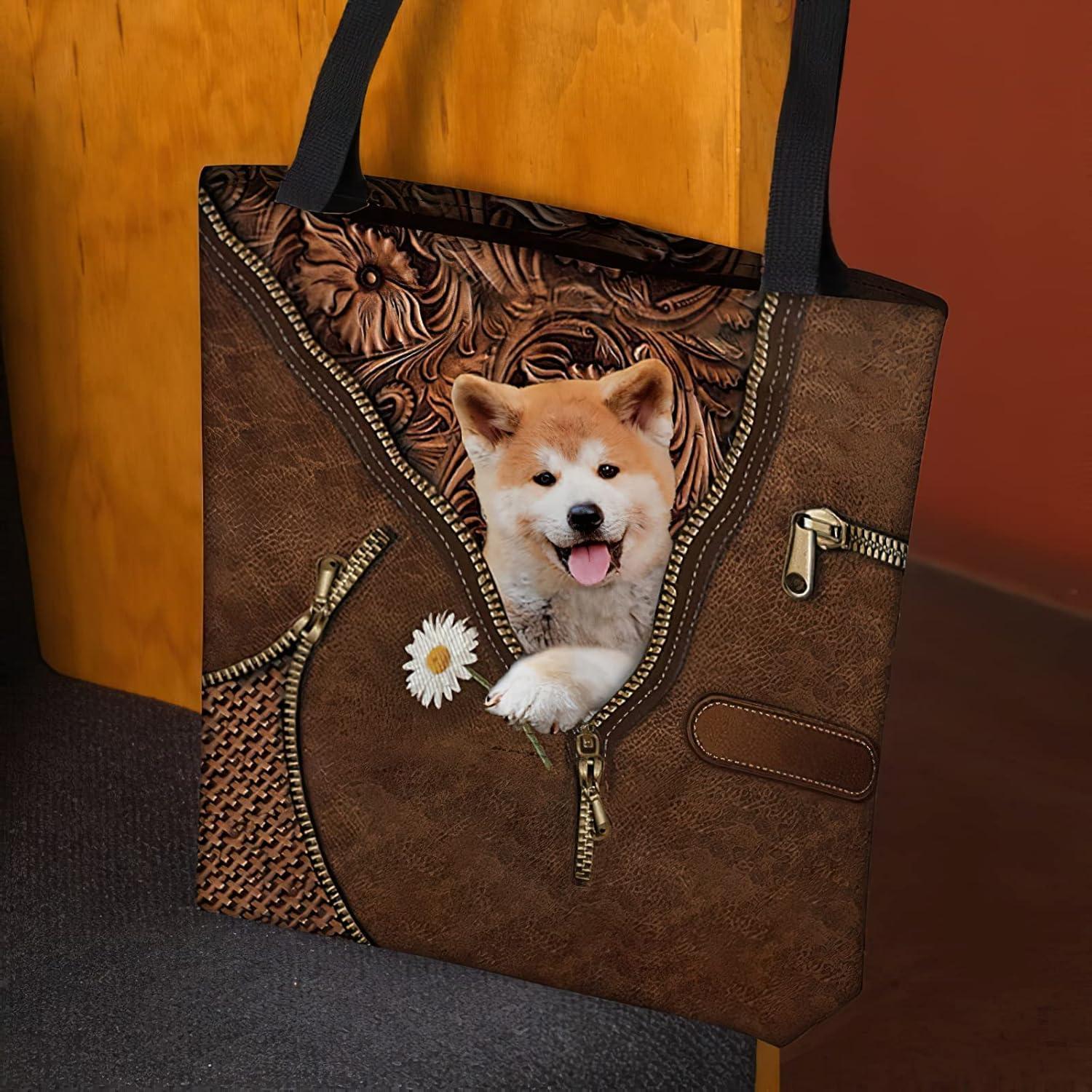 imageNAZENTI Personalized Dog Tote Bag Shiba Inu Holding Daisy Tote Bag All Over Printed Women Tote Bag Customized Dog Mom Name Custom Dog Gift for Mother Dog Lover