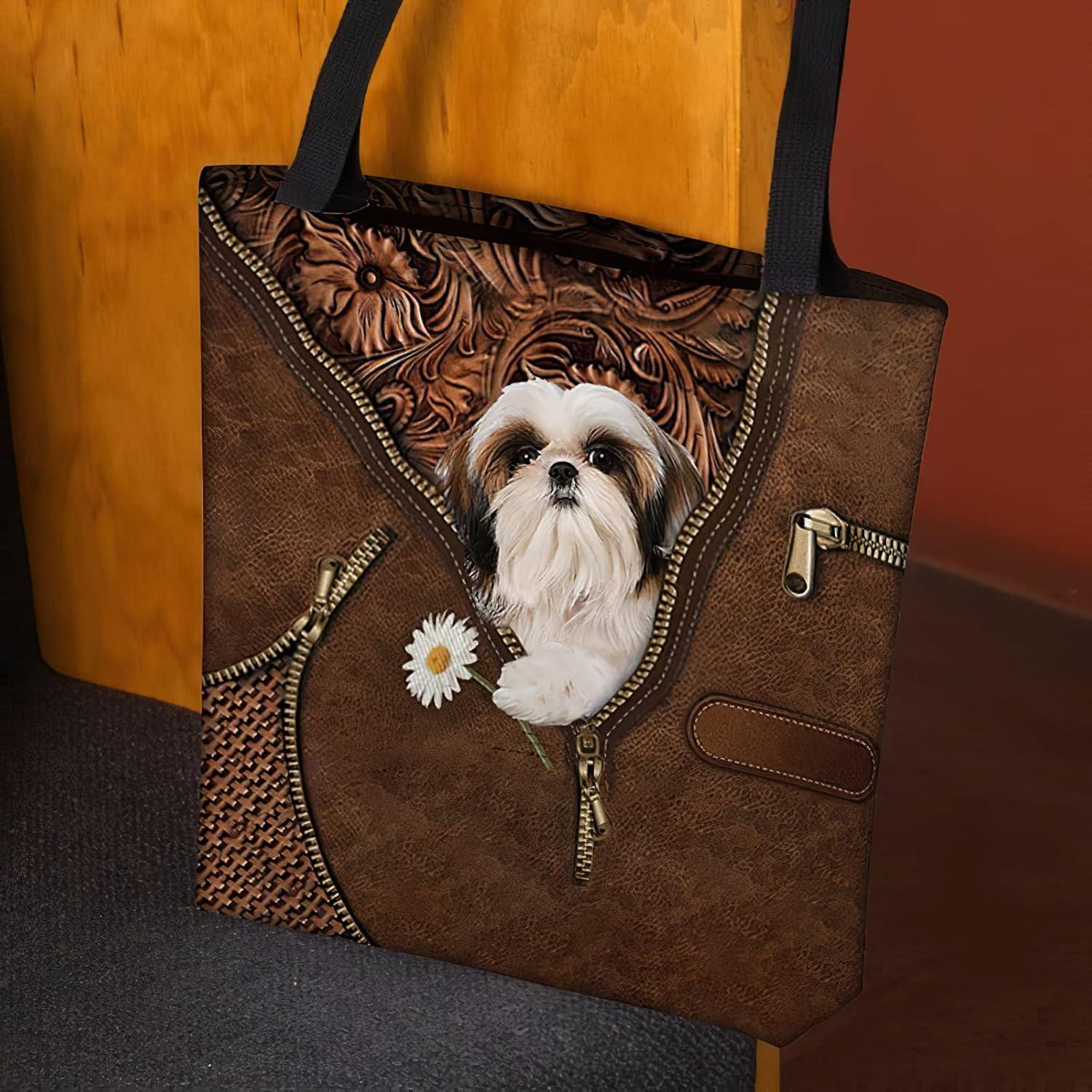 imageNAZENTI Personalized Dog Tote Bag Shih Tzu Holding Daisy Tote Bag All Over Printed Women Tote Bag Customized Dog Mom Name Custom Dog Gift for Mother Dog Lover