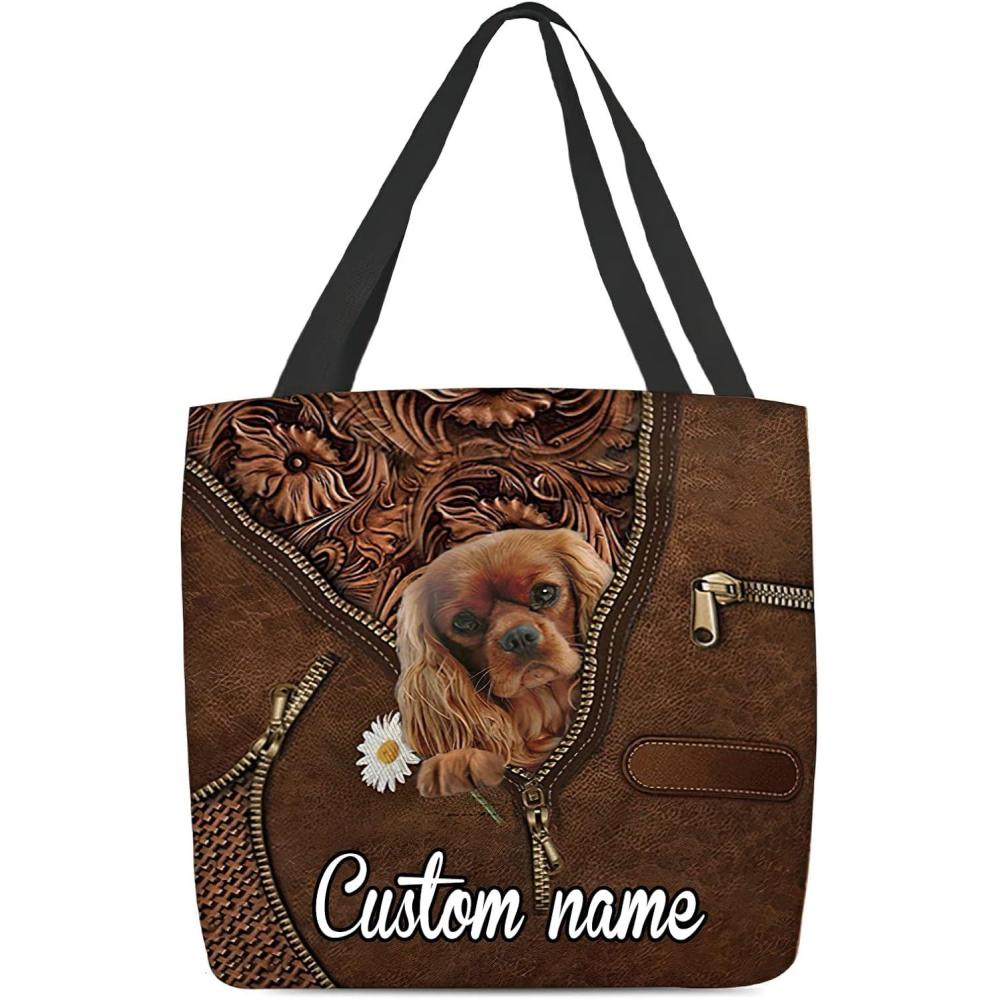 imageNAZENTI Personalized Dog Tote Bag Cavalier King Charles Spaniel 2 Holding Daisy Tote Bag All Over Printed Women Tote Bag  Customized Dog Mom Name Custom Dog Gift for Mother Dog Lover
