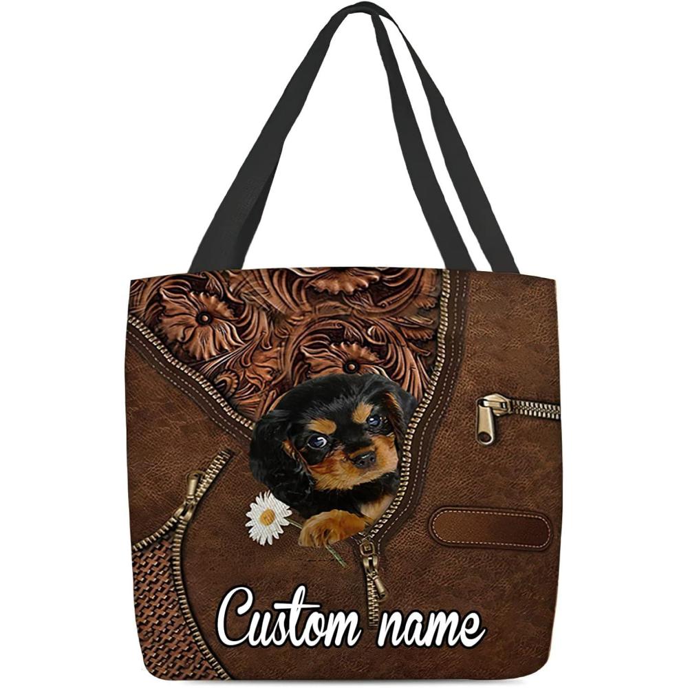 imageNAZENTI Personalized Dog Tote Bag Cavalier King Charles Spaniel Holding Daisy Tote Bag All Over Printed Women Tote Bag  Customized Dog Mom Name Custom Dog Gift for Mother Dog Lover