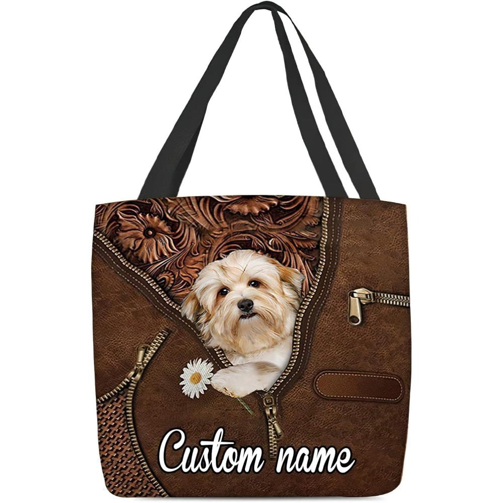 imageNAZENTI Personalized Dog Tote Bag Havanese Holding Daisy Tote Bag All Over Printed Women Tote Bag  Customized Dog Mom Name Custom Dog Gift for Mother Dog Lover