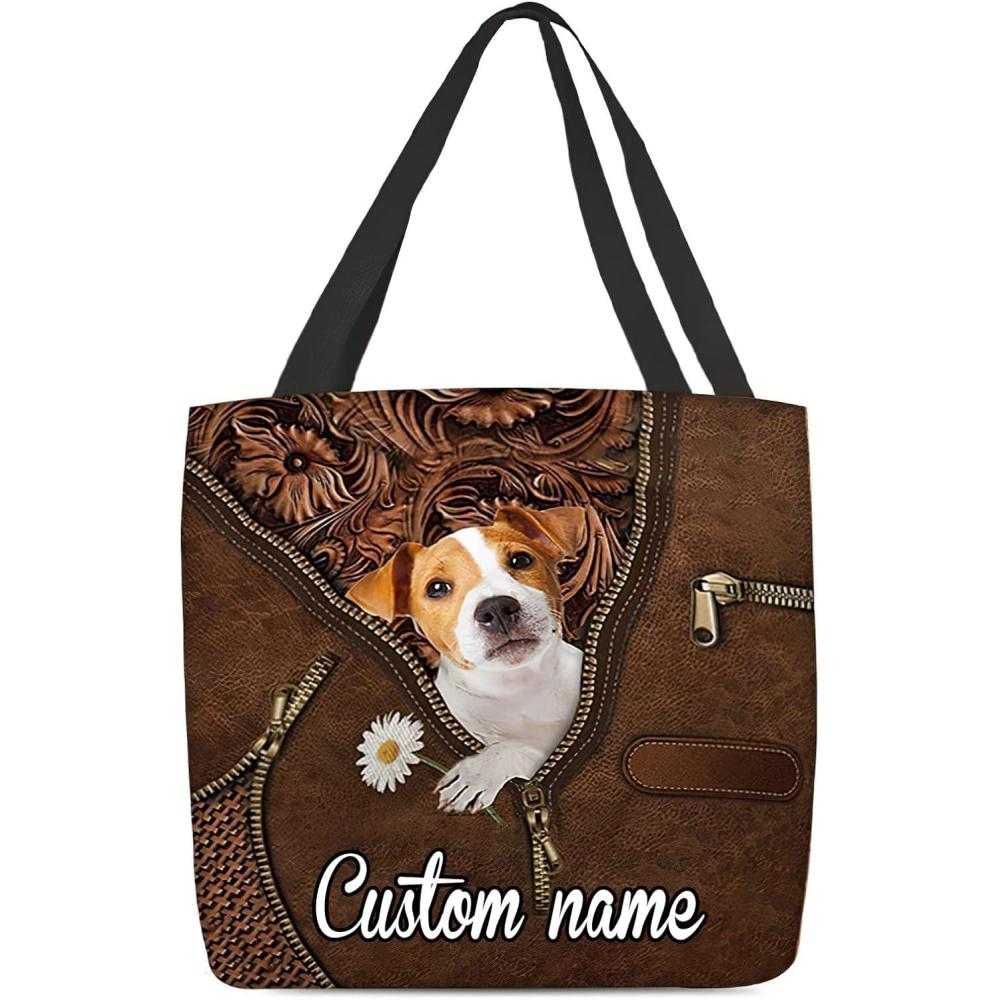 imageNAZENTI Personalized Dog Tote Bag Jack Russell Terrier Holding Daisy Tote Bag All Over Printed Women Tote Bag  Customized Dog Mom Name Custom Dog Gift for Mother Dog Lover