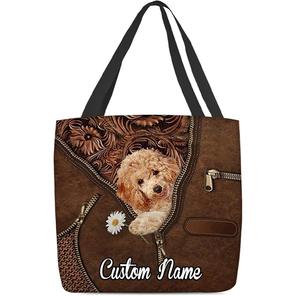 imageNAZENTI Personalized Dog Tote Bag Poodle Holding Daisy Tote Bag All Over Printed Women Tote Bag  Customized Dog Mom Name Custom Dog Gift for Mother Dog Lover