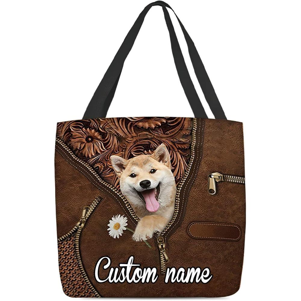 imageNAZENTI Personalized Dog Tote Bag Shiba Inu 2 Holding Daisy Tote Bag All Over Printed Women Tote Bag  Customized Dog Mom Name Custom Dog Gift for Mother Dog Lover