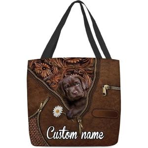 NAZENTI Personalized Dog Tote Bag- Chocolate Labrador Retriever Holding Daisy Tote Bag All Over Printed- Women Tote Bag – Customized Dog Mom Name- Custom Dog Gift for Mother, Dog Lover