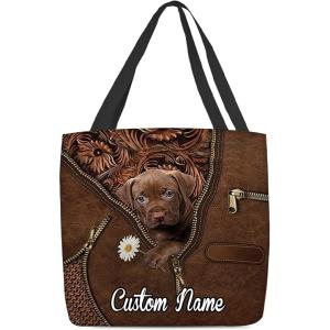 NAZENTI Personalized Dog Tote Bag- Pitbull Holding Daisy Tote Bag All Over Printed- Women Tote Bag – Customized Dog Mom Name- Custom Dog Gift for Mother, Dog Lover