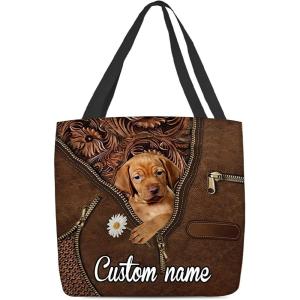 NAZENTI Personalized Dog Tote Bag- Vizsla Holding Daisy Tote Bag All Over Printed- Women Tote Bag – Customized Dog Mom Name- Custom Dog Gift for Mother, Dog Lover